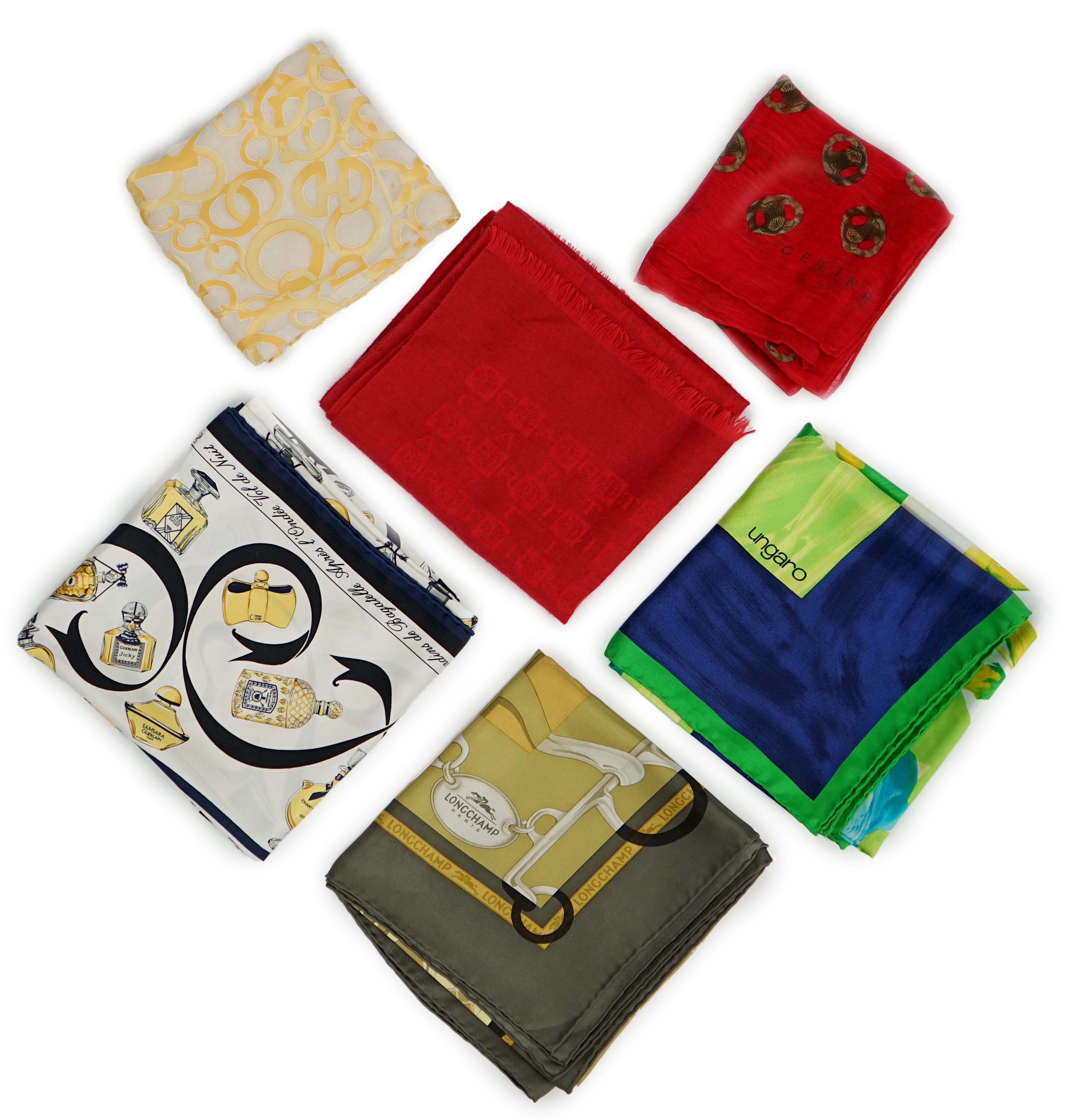 A Guerlain, Longchamp, Ungaro, Cartier style and two Celine style scarves (6)